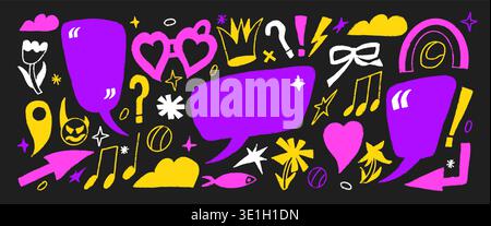 Marker speech bubbles and quote boxes made by hand for fun dialogues. Funky clouds, callouts, text frames with hearts and stars. Abstract doodles shap Stock Vector