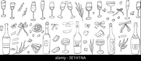 Hand drawn doodle wine bottle, cheese, cocktail glass icons. Summer event illustrations for bistro menu, dinner invitations or Mediterranean-themed de Stock Vector