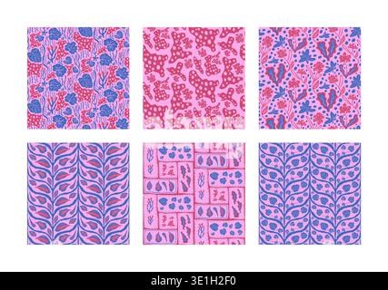 Bold pin and blue garden lush seamless pattern collection with botanical leaves. Plant foliage endless background vector set for textile and wallpaper Stock Vector