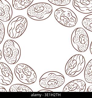 Frosted donut forming a decorative frame on a white background in line art style. Stock Vector