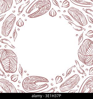 Hand drawn frame with salmon steak cut, basil, chili pepper and garlic. Line art design isolated on white background for restaurant menu, seafood Stock Vector