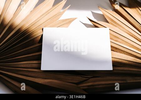 Blank white business card mockup on dried palm leaves background with warm natural light. Minimal branding template with copy space for logo, identity Stock Photo
