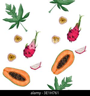 Tropical fruits seamless watercolor pattern with whole fruit, slices and leaves. Botanical food illustration, seamless tropical pattern for textile. Stock Photo
