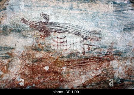 Aboriginal rock art depicts figures of Mimi Spirits on a cave wall ...