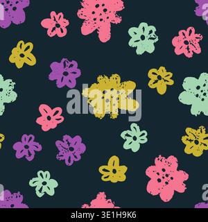 Hand drawn seamless pattern with chalky texture brush stroke abstract flowers. Organic botanical design with artisanal painted elements Stock Vector