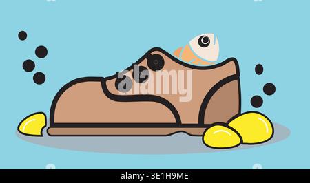 Fish skeleton inside shoe with bubbles and stones simple pollution concept illustration Stock Vector