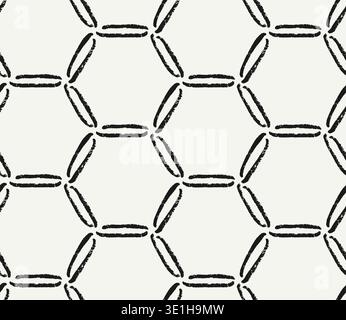 Hand drawn monochrome black and white seamless pattern with chalky texture hexagon honeycombs. Organic geometric design with artisanal brush painted Stock Vector