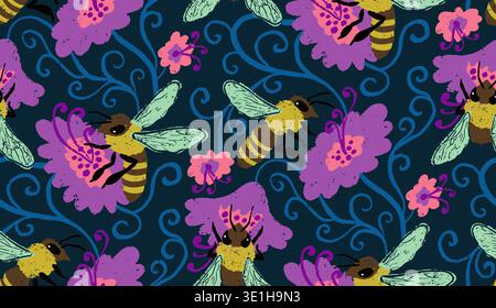 Hand drawn seamless pattern with chalky texture bees and vibrant flowers. Organic botanical design with detailed honeybees and floral elements Stock Vector