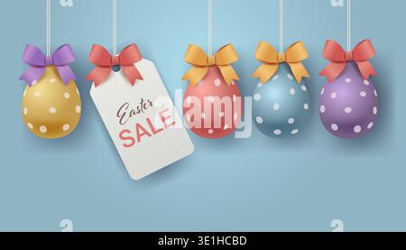 Easter eggs hanging with bows pastel polka dots festive holiday decoration blue background promotional tag banner Stock Vector