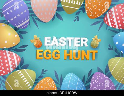 Easter eggs colorful hunt festive border decorated patterned oval shapes blue background leaves holiday celebration template Stock Vector