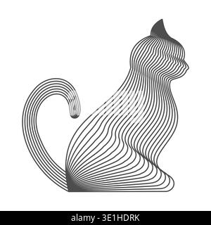 Sitting cat illustration created with flowing curved lines in a wireframe style. Minimal feline silhouette with striped line structure. Vector Stock Vector