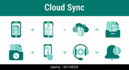 Eight step record management workflow with QR code, cloud storage, archive sync, mobile access, support and notification Stock Vector