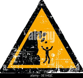 Vector illustration of an unstable cliff and falling rocks hazard sign with a grunge texture. Worn scratched yellow triangle symbol showing a person hit by rocks isolated on white background. Meets international safety sign standards including ISO 7010 W053 ANSI Z535 OSHA and DIN 4844. Distressed industrial danger emblem for outdoor safety. Stock Vector