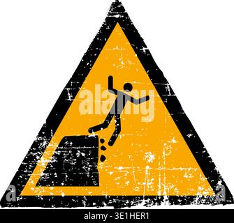 Vector illustration of an unstable cliff edge hazard sign with a grunge texture. Worn scratched yellow triangle symbol showing a person falling from a crumbling edge isolated on white background. Meets international safety sign standards including ISO 7010 W052 ANSI Z535 OSHA and DIN 4844. Distressed industrial danger emblem for outdoor safety. Stock Vector