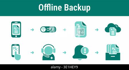 Eight step backup workflow with offline mode, QR access, cloud storage, mobile recovery and technical support Stock Vector