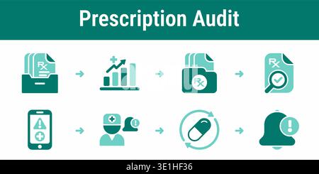 Eight step monitoring workflow with archive analysis, prescription verification, system alerts and doctor notifications Stock Vector