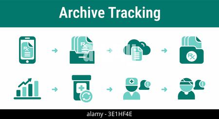 Eight step archive management workflow with cloud storage, history tracking, usage statistics and refill monitoring Stock Vector