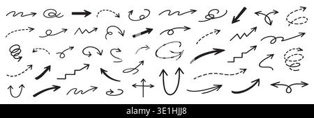 Arrow arrows line and doodle curve vector with icon draw set. Hand direction drawing and arrow thin sketch with pencil graphic arrows. Brush arrow Stock Vector
