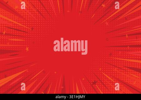 Pop art comic background with radial burst. Comic book red background with sunburst effect and stars. Dynamic comic halftone design Stock Vector