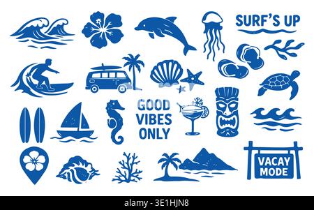 Surf surfboard wave with beach hawaii icon for summer hawaiian hand. Element stamp bali with surf waves tropical for vintage palm sea. Doodle Stock Vector