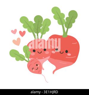 Radish kawaii happy with young cartoon simple for art beetroot character. Mascot piece red radishes with radish turnip for cute vector illustration Stock Vector