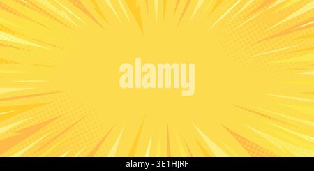 Abstract yellow comic background with zoom line and thunder flash. Pop art explosion with radial rays with subtle halftone texture.  Stock Vector