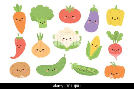 Vegetable kawaii vegetables and cute fruit vector with broccoli veggie green. Cartoon character sticker and vegetable food crayon with illustration Stock Vector