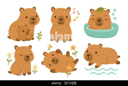 Capybara vector summer and capibara cute flower with hat valentine animal. Sticker kawaii flat and bird fruit cartoon with beach set clipart. Food Stock Vector