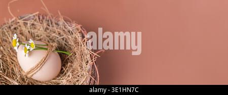 A decorative egg placed in a nest with straw and flowers, set against a smooth brown background, ideal for Easter-themed designs Stock Photo