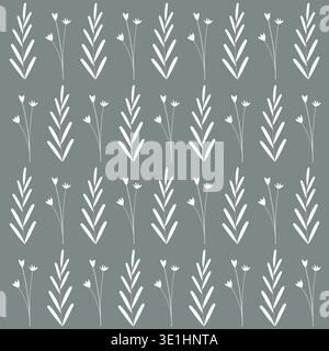 seamless botanical simple pattern with plants in white color on a dark background. Stock Vector