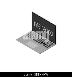 Grey isometric laptop 3D illustration with web development programming icons on dark screen, Isolated on white, I drew this by myself, it's not AI gen Stock Vector