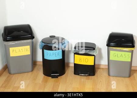 Set of Different Recycling Bins for Plastic Paper Bio Glass. Stock Photo
