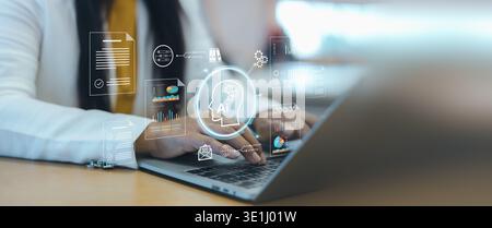 Artificial intelligence AI for business process automation.Data analytics dashboard with virtual AI interface on laptop.Businesswoman working with AI Stock Photo