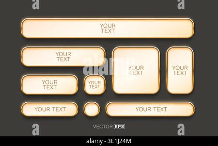 Elegant set of 3D golden text boxes and buttons with various shapes, perfect for UI design. Vector illustration Stock Vector