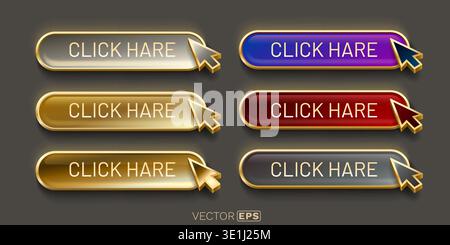 Premium 3D Click Here Buttons Set with Shiny Mouse Pointer, ideal for web design and user interface elements. Vector illustration. Stock Vector