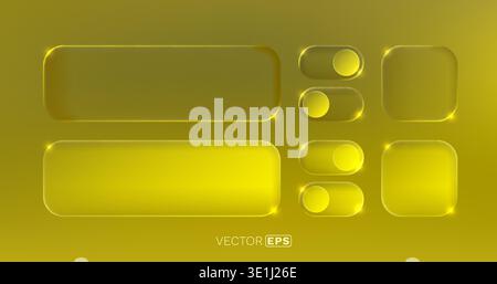 Glassmorphism UI elements in modern yellow. A set of glowing transparent buttons, toggles, and frames. Vector illustration. Stock Vector