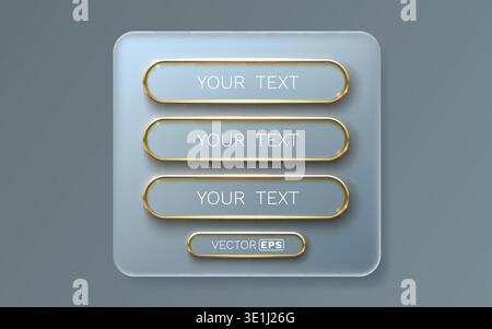 Modern glassmorphism UI elements with golden accents. A set of elegant buttons and a text template. Vector illustration Stock Vector