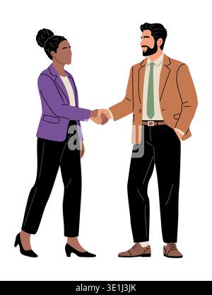 Diverse professionals, man and woman shake hands Stock Vector