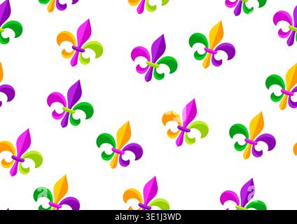Mardi Gras party seamless pattern. Fleur de lis heraldic symbol. Carnival illustration for traditional holiday or festival. Stock Vector