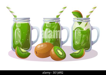 Vector illustration of kiwi juice in glass jars with fruit Stock Vector