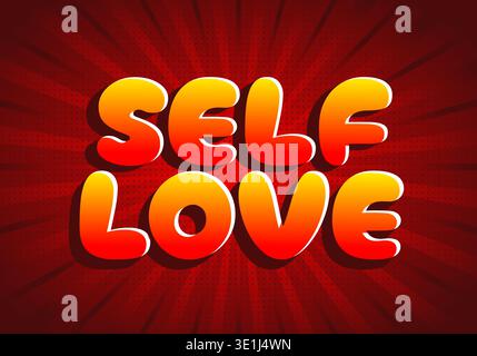 A vibrant graphic design featuring the words Self Love in bold, colorful typography against a red radial background. Stock Vector
