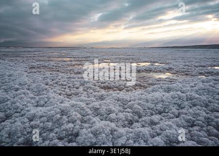 Salt crystal formations covering shoreline with shallow water pools under cloudy sky at the Dead Sea Stock Photo
