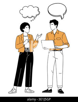 Two people converse, one with a laptop. Stock Vector