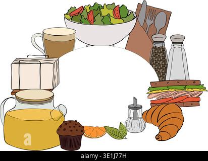 Fast food circular Frame template Oval Cafe hand drawn illustration. Vector graphic line ink art. background for banners, print for fabric, labels, t- Stock Vector