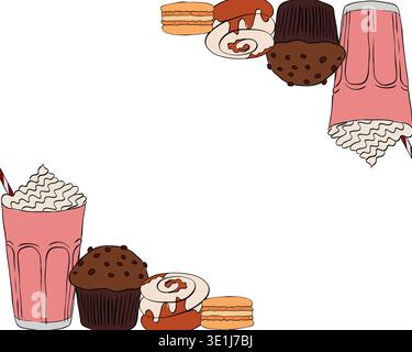 Coffee tea sweets bakery desert Frame template rectangle Cafe hand drawn illustration. Vector graphic line ink art. For poster, invitation, backdrop, Stock Vector