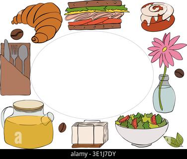 cafe food drinks Frame template Oval rectangle Cafe hand drawn illustration. Vector graphic line ink art. For poster, invitation, backdrop, ad, sale p Stock Vector