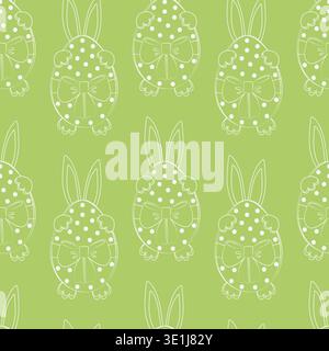 Seamless Pattern of Outline Easter Bunny behind Easter Egg with tied ribbon bow and polka dots decor. Vector illustration Easter Greetings Card or Media Post Backdrop Party Invite Promo Banner, labels Stock Vector