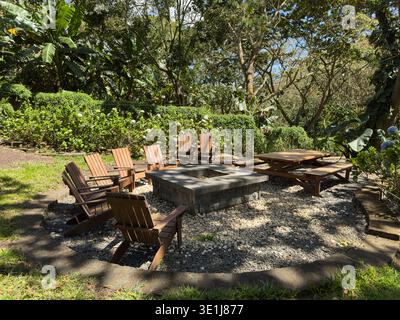 Several wooden chairs surround a stone fire pit in a backyard garden during a sunny day with trees and plants nearby. Stock Photo