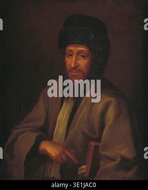 This 18th-century oil painting, believed to be by an unknown Dutch artist, portrays Rabbi Tzvi Hirsch ben Yaakov Ashkenazi. The esteemed scholar is depicted wearing traditional attire, including a fur hat, and is shown with a hand pointing to a book with Hebrew text, emphasizing his intellectual and spiritual dedication. Stock Photo