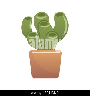 Vector illustration of Crassula Ovata Hobbit succulent with tubular green leaves and red tips, clean flat design, minimalist style, isolated on solid Stock Vector